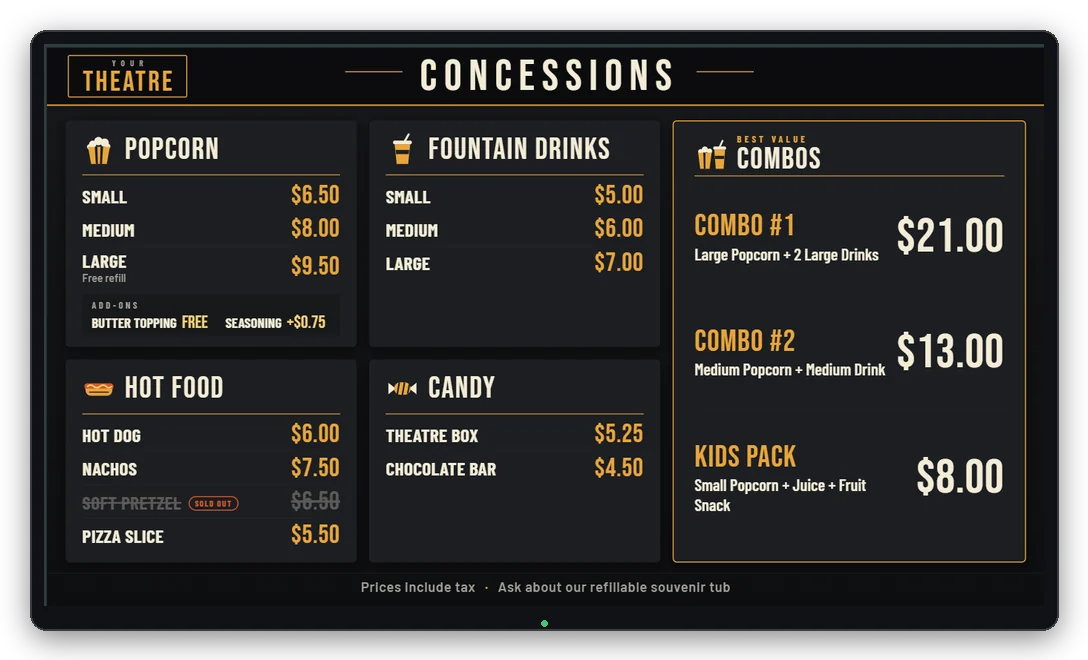 RTS digital signage — concessions menu board